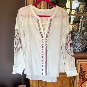 Chico's Cream and Burgandy Brown Embroidered Blouse